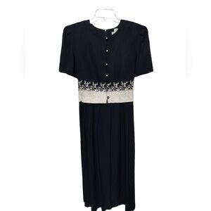 (1252)Periwinkle Vtg 90's Navy White Embroidered Short Sleeve Maxi Dress Size 14